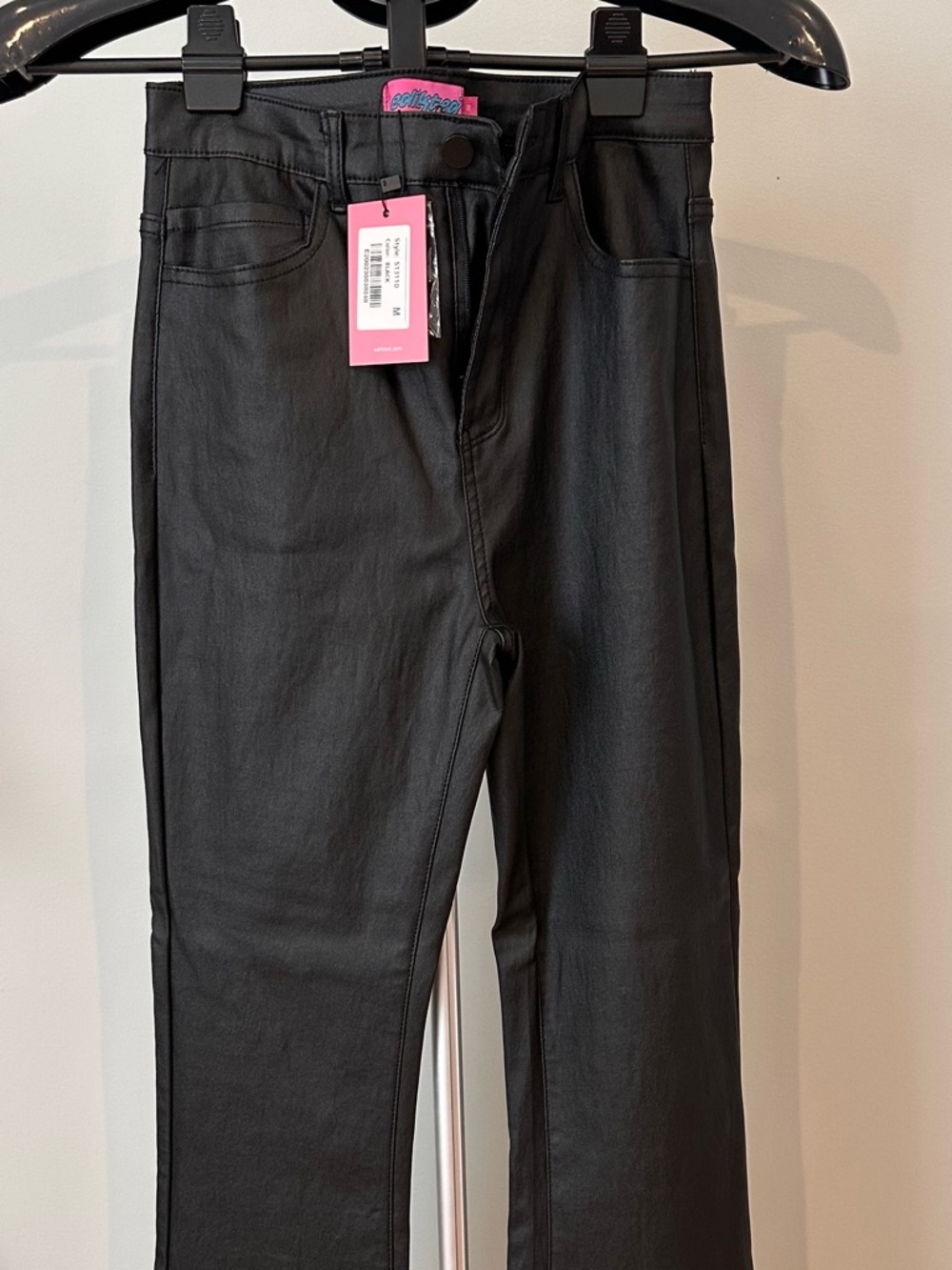 Edikted Black Faux Leather Flare Pants with Pink Tag